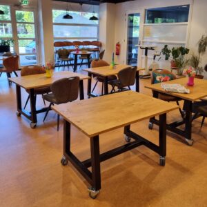 De bibliotheek had nieuwe tafels nodig en deze zijn gemaakt door de herstelwerkplaats. 
Er zijn 4 houten verrijdbare tafels met stalen onderstel gemaakt en 3 studieplekken gerealiseerd eveneens van hout en staal. 
De tafels en studieplekken zijn inmiddels volop naar tevredenheid in gebruik.